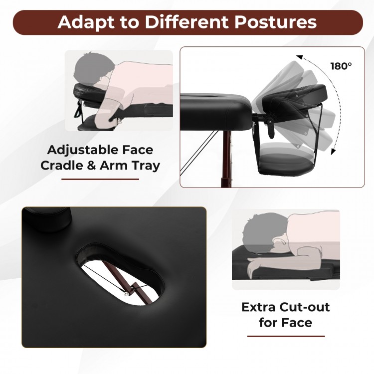 Adjustable face cradle and arm tray on a folding massage table with black PU leather for enhanced comfort and support.