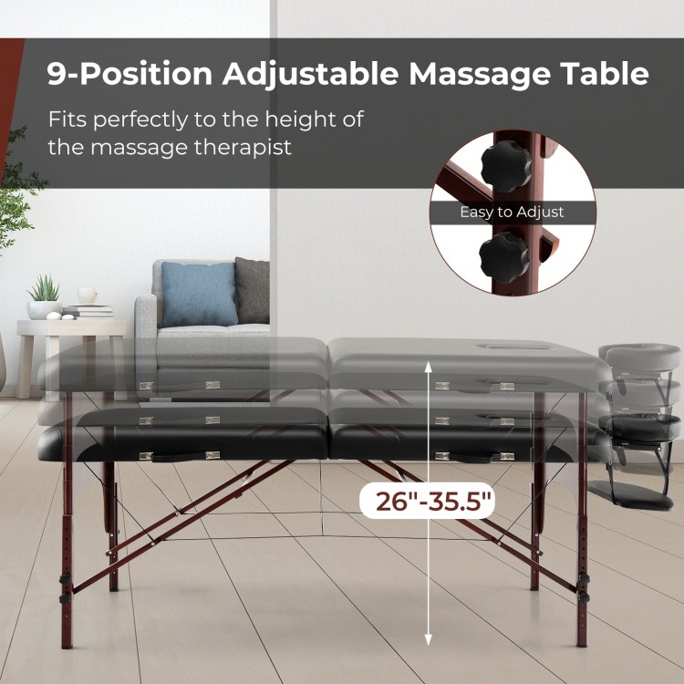 Folding massage table with height-adjustable beech wood frame, featuring black PU leather and memory foam for comfort.