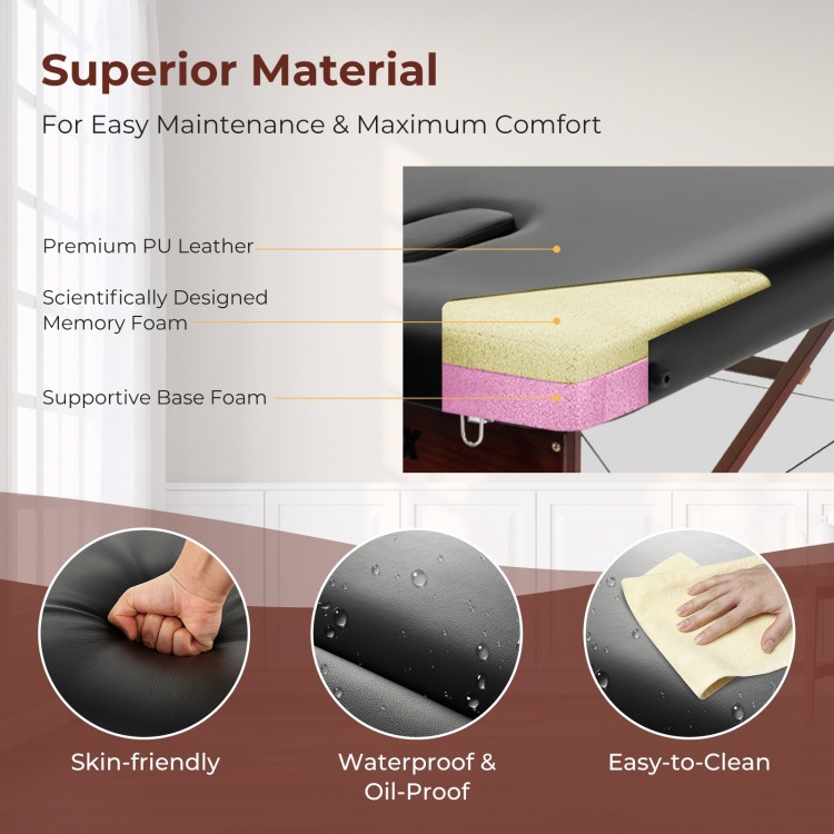 Folding massage table with black PU leather, memory foam padding, and adjustable height for maximum comfort and.