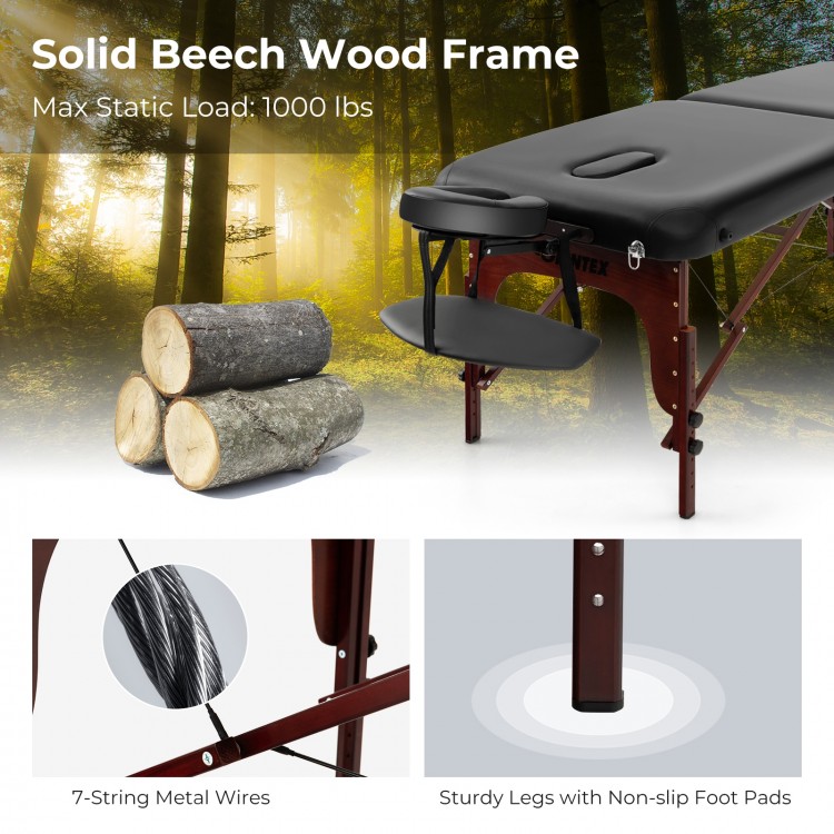 Folding massage table with height-adjustable beech wood frame, memory foam padding, and sturdy legs for maximum.
