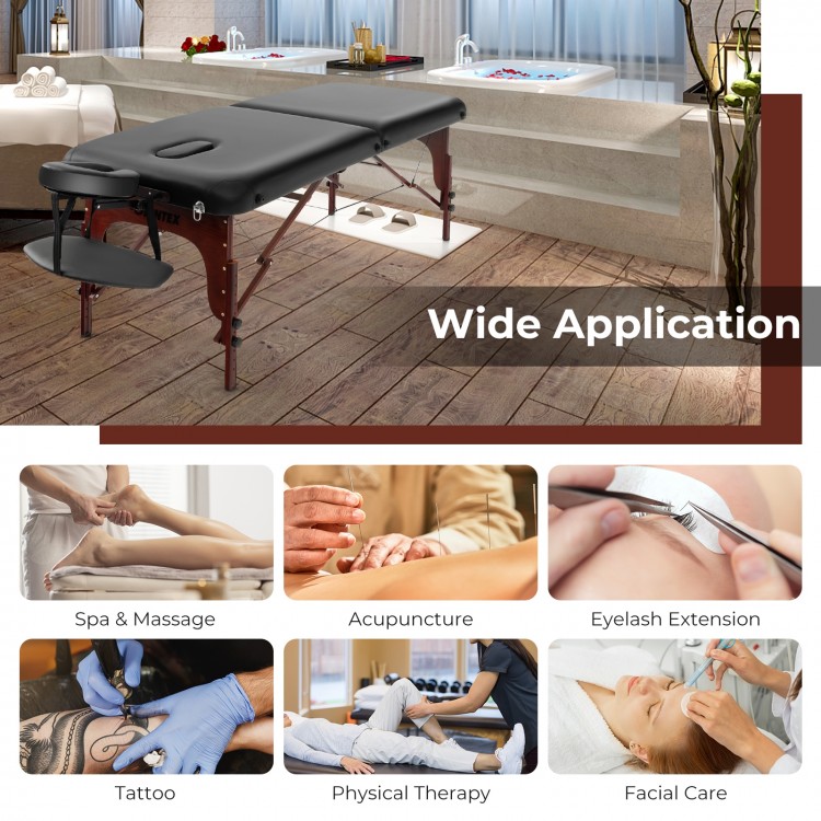 Folding massage table in black with height-adjustable beech wood frame, ideal for spa, acupuncture, and therapy.