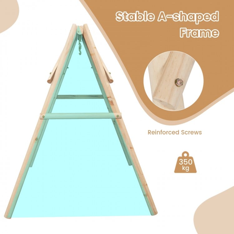 Heavy duty wooden swing frame with reinforced bars, stable A-shaped design, supports up to 350 kg for outdoor use.