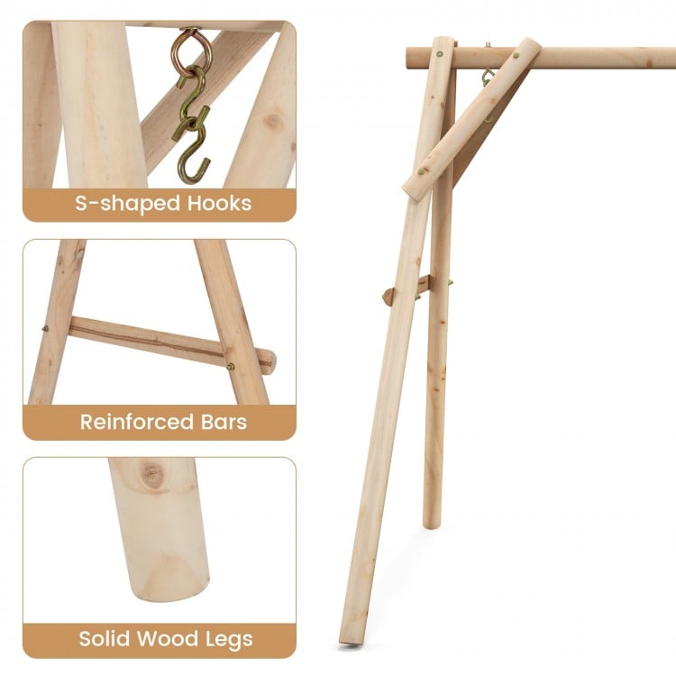 Heavy duty wooden swing frame with solid wood legs and reinforced bars, ideal for backyard and patio use.