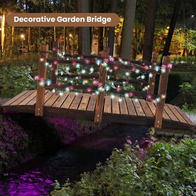 5-foot brown wooden garden bridge with safety rails, ideal for backyard or garden pathways, featuring sturdy fir wood.