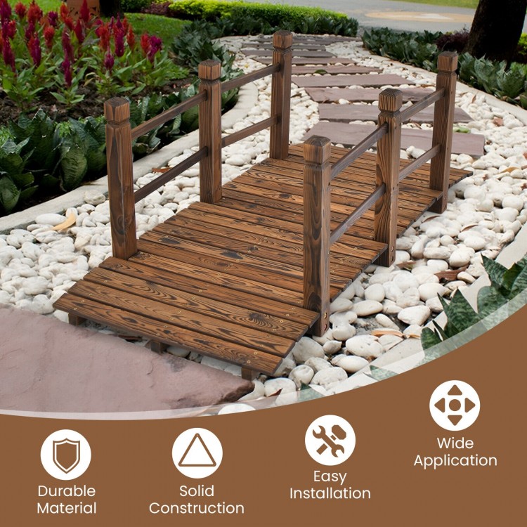 5 feet wooden garden bridge in brown with safety rails, ideal for backyard and garden pathways, featuring sturdy fir.