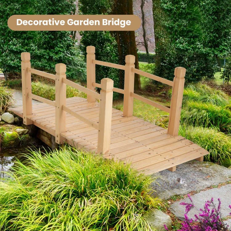 5-foot wooden garden bridge with safety rails, crafted from fir wood, ideal for backyard or garden use.