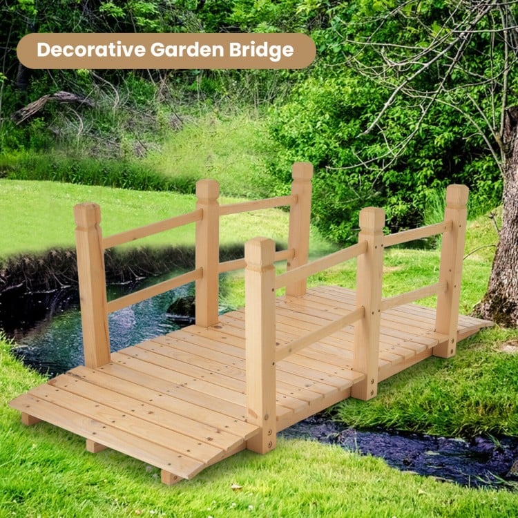 5-foot wooden garden bridge with safety rails, made of fir wood, ideal for backyard or garden decoration.
