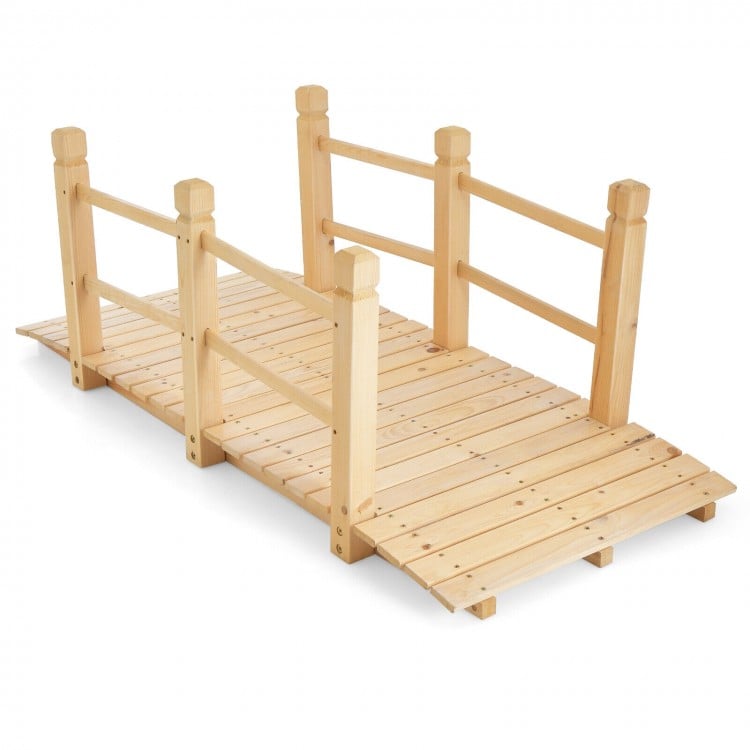 5 feet wooden garden bridge with safety rails, made of fir wood, ideal for backyard or garden pathways.