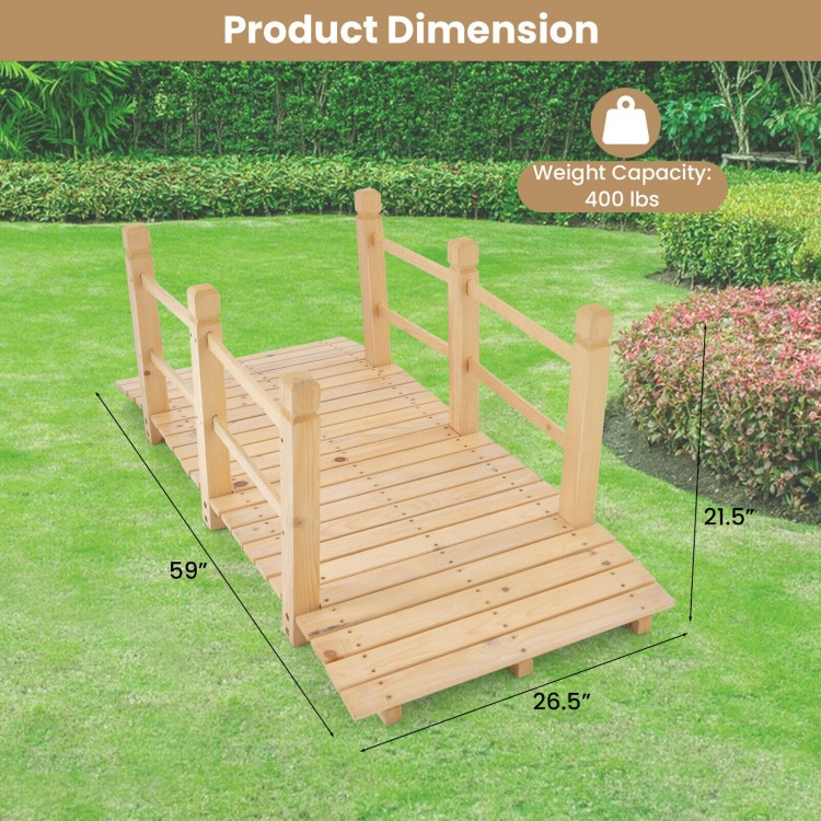 5-foot wooden garden bridge with safety rails, made of fir wood, ideal for backyard or garden use, dimensions.