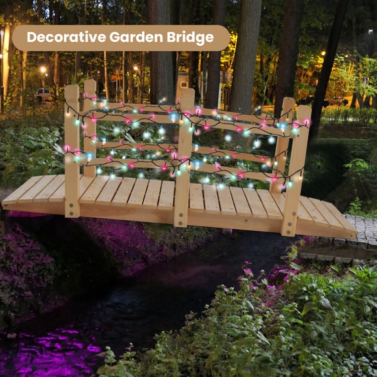 5-foot wooden garden bridge with safety rails, featuring a natural finish, ideal for backyard or garden decoration.