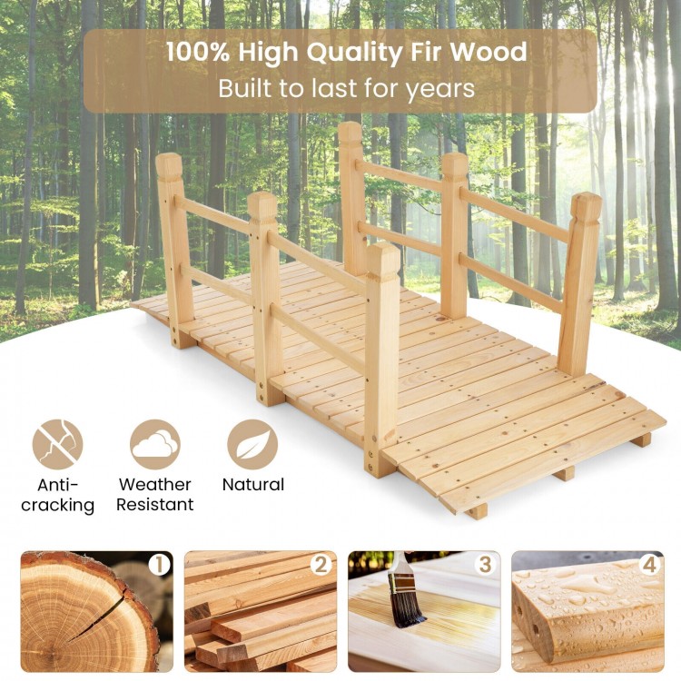 5 feet wooden garden bridge made of fir wood with safety rails, perfect for backyard and garden use.