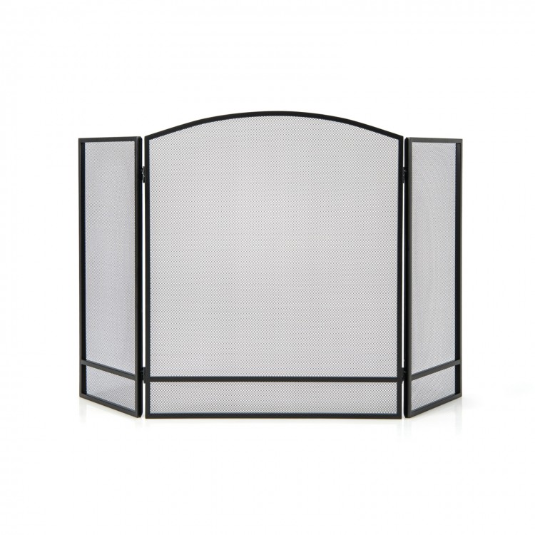 Three-panel foldable fireplace screen in black wrought iron, providing safety from sparks and easy storage for living.