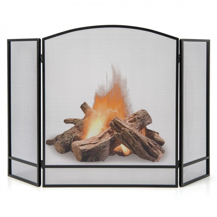 3-panel foldable fireplace screen in black wrought iron, providing spark protection for kids and pets in the living.