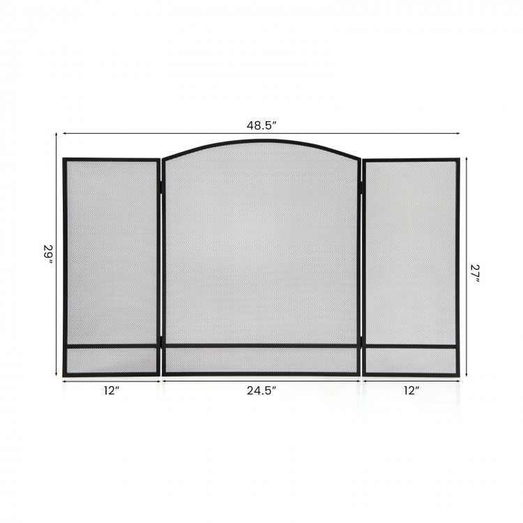 3-panel foldable fireplace screen in black wrought iron, 48.5" wide, provides safety for kids and pets while enhancing.