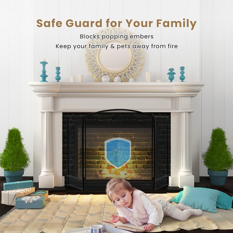 3-panel foldable fireplace screen in black, made of wrought iron, providing safety for kids and pets in the living room.