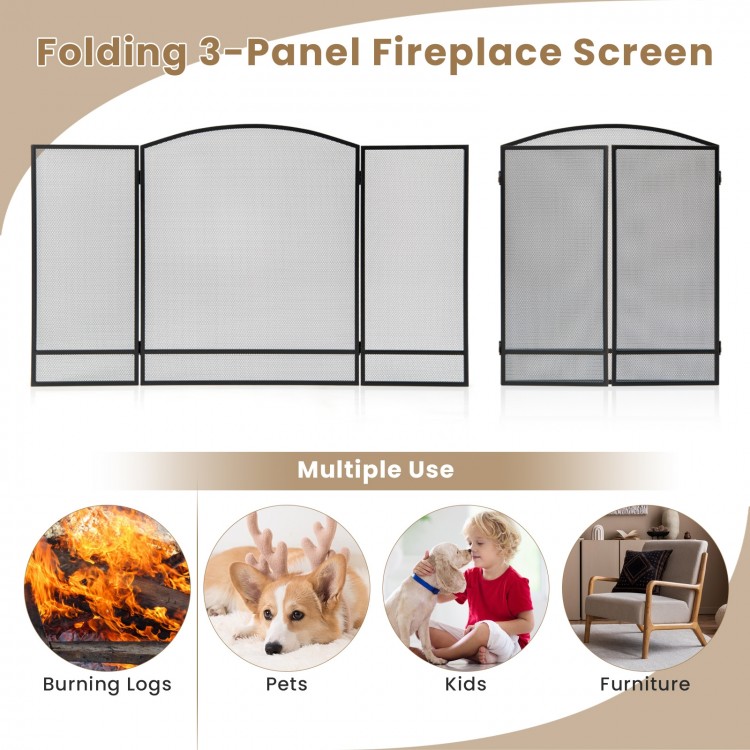 Folding 3-panel fireplace screen in black wrought iron, designed to protect kids, pets, and furniture from sparks.