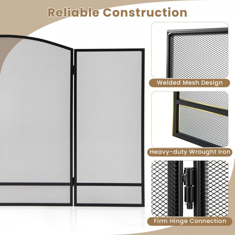 3-panel foldable fireplace screen in black with wrought iron mesh design, providing safety for kids and pets.