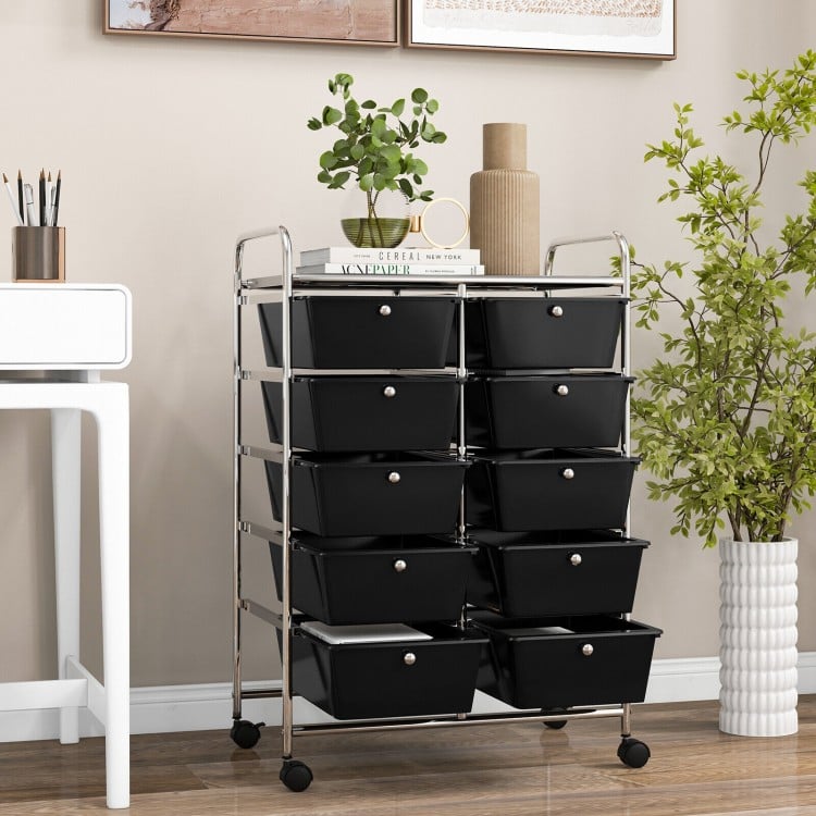 10-drawer rolling storage cart in black with metal frame and wheels, ideal for home or office organization.