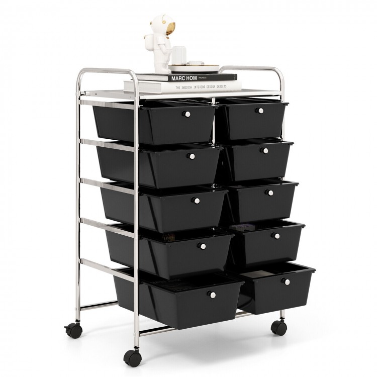 10-drawer rolling storage cart in black with metal frame, featuring removable drawers and lockable wheels for easy.