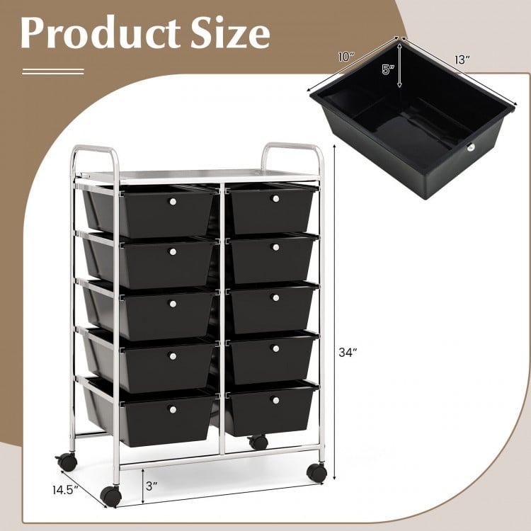 10-drawer rolling storage cart in black with dimensions 34” height and 14.5” width, perfect for efficient organization.