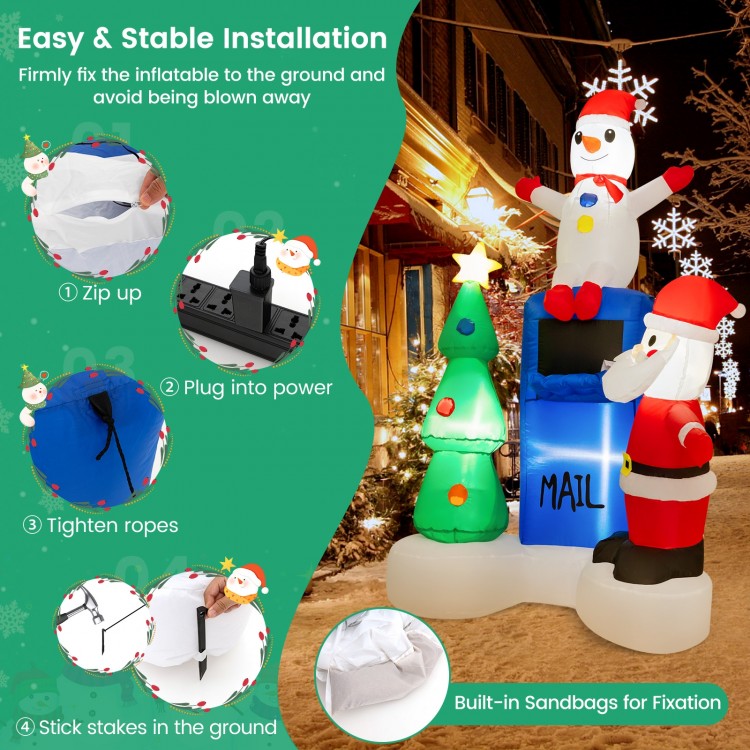 6 feet lighted Christmas inflatable featuring Santa Claus, snowman, and tree, ideal for outdoor holiday decoration.