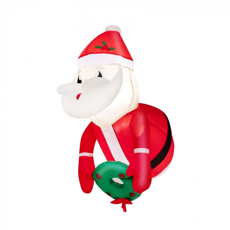 Lighted inflatable Santa Claus emerging from a window, featuring a Christmas hat and wreath for festive indoor or.