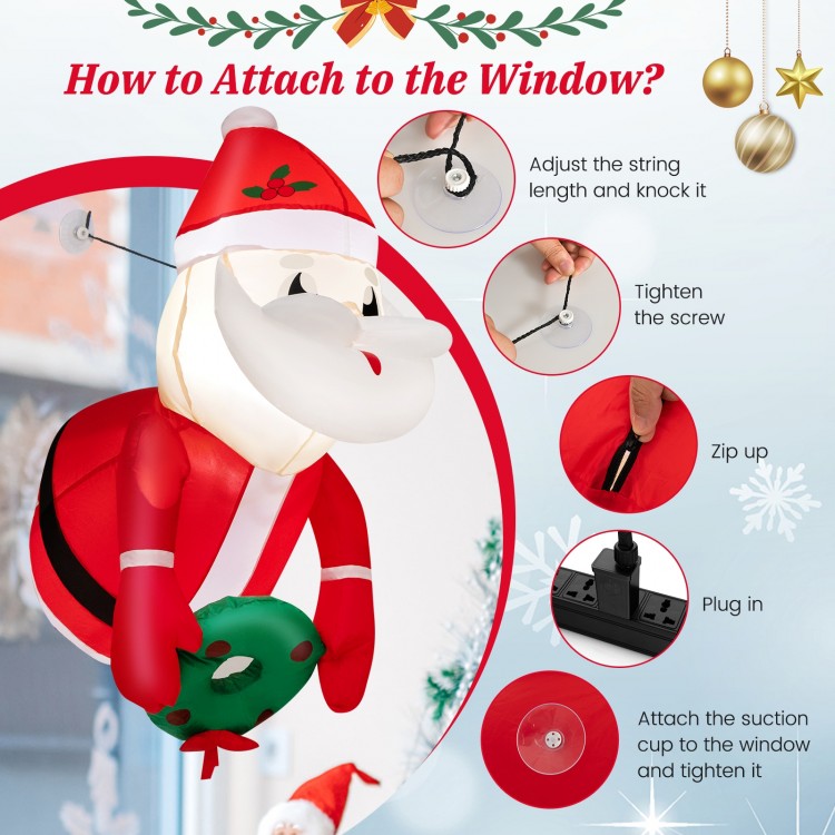 Lighted inflatable Santa Claus with wreath, made of durable polyester, easily attaches to windows for festive.