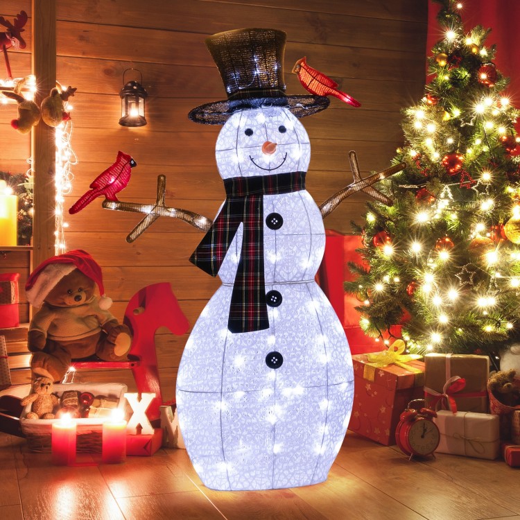 Lighted snowman decoration with redbirds, 70 LED lights, weatherproof fabric, perfect for indoor or outdoor holiday.