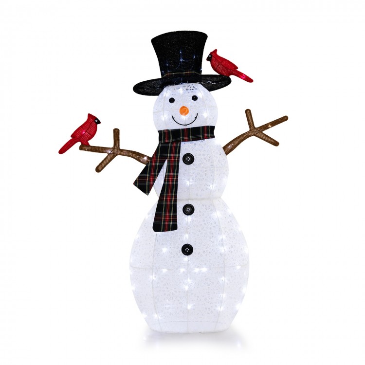 Lighted 4.2 feet snowman decoration with redbirds, featuring 70 LED lights for indoor or outdoor holiday display.