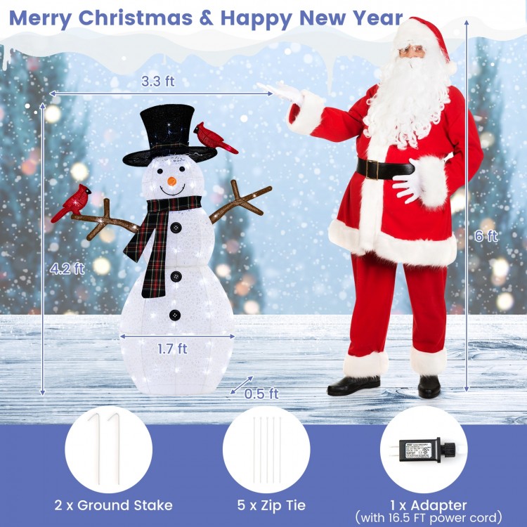 Lighted snowman decoration with redbirds, 4.2 feet tall, 70 LED lights, suitable for indoor and outdoor use.