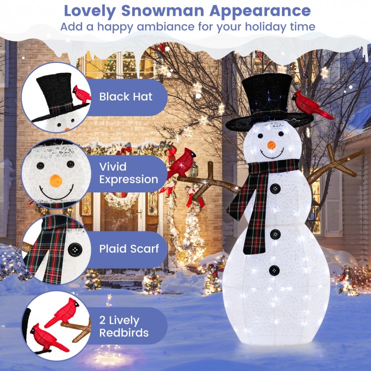 Lighted 4.2 feet snowman decoration with 70 LED lights, plaid scarf, and 2 redbirds for festive indoor or outdoor.