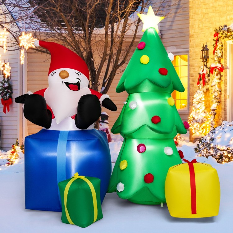 Lighted 7-foot inflatable Santa Claus and Christmas tree with gift boxes, perfect for festive outdoor decorations.
