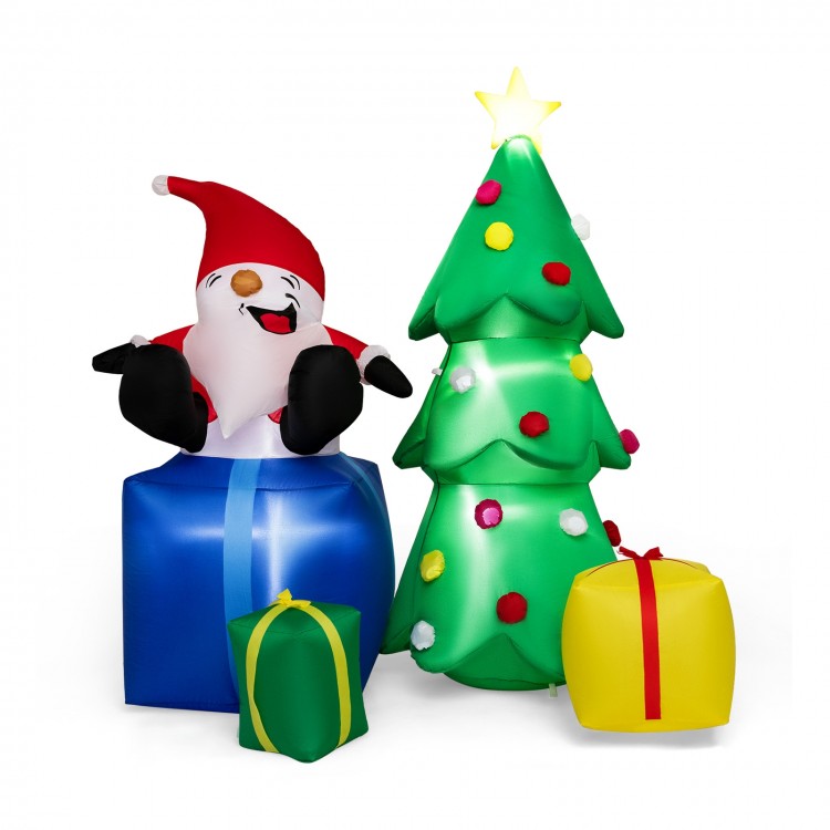 Lighted inflatable Santa Claus and Christmas tree with gift boxes, perfect for festive outdoor decoration.