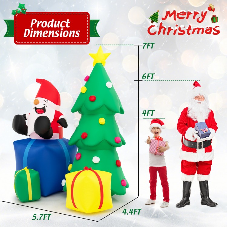7-foot lighted Christmas tree with Santa Claus and gift boxes, made of weather-resistant fabric for outdoor holiday.