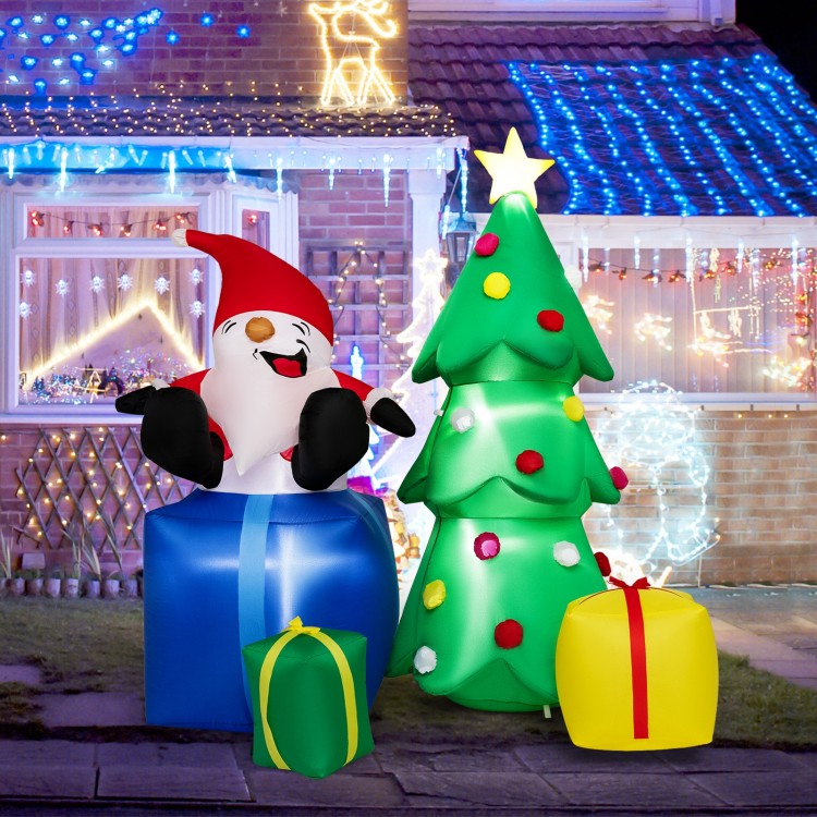 Lighted 7-foot Santa Claus and Christmas tree inflatables with gift boxes, perfect for festive outdoor decorations.