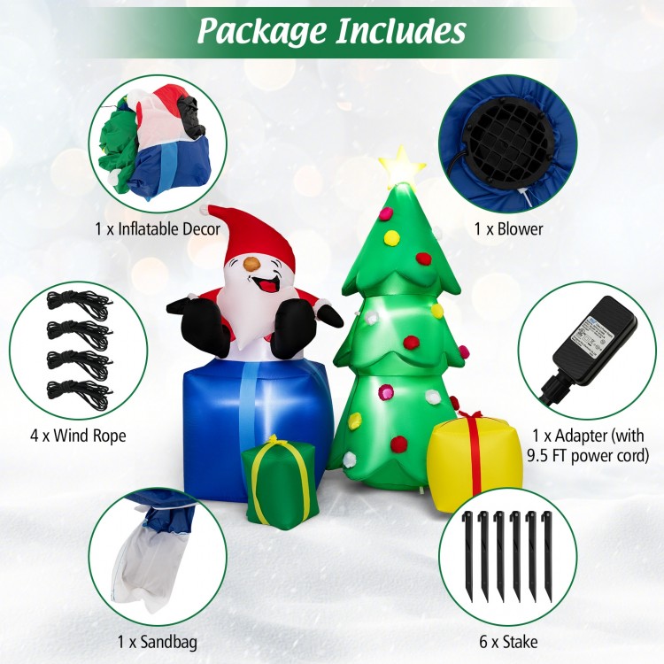 7-foot inflatable Santa Claus and Christmas tree with gift boxes, featuring built-in lights and weather-resistant.