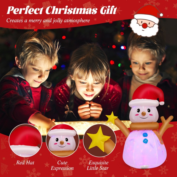 Inflatable Christmas snowman with red hat and colorful LED light, perfect for festive indoor or outdoor decoration.