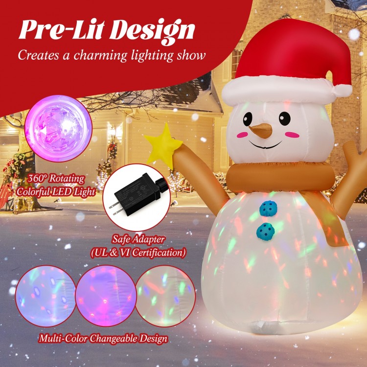 4 feet inflatable Christmas snowman with 360° rotating colorful LED light, perfect for outdoor holiday decoration.