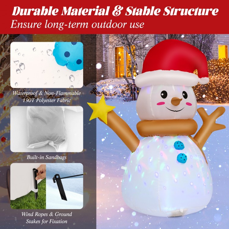4 feet inflatable Christmas snowman with colorful LED light, made of weather-resistant fabric for outdoor decoration.