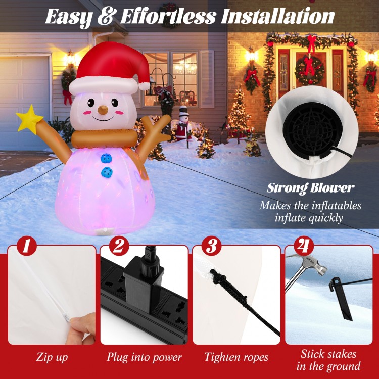 Installation guide for a 4 feet inflatable Christmas snowman with colorful LED light, featuring a strong blower and.