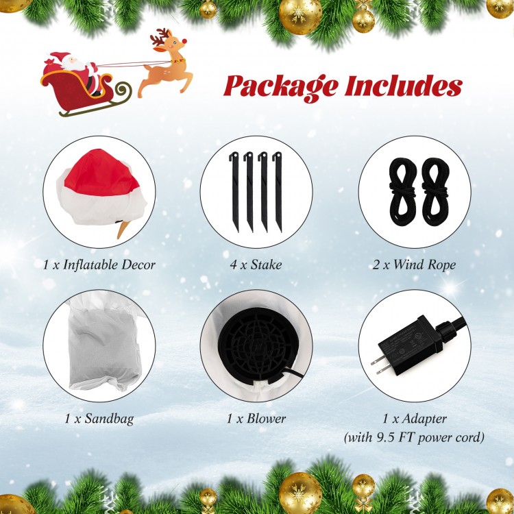 Inflatable Christmas snowman with 360° rotating LED light, includes sandbag, stakes, wind ropes, and blower for.