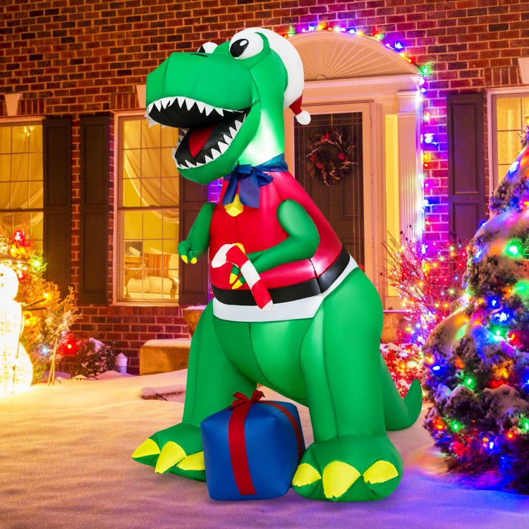 6FT inflatable dinosaur Christmas decoration with LED lights, wearing a Santa hat and holding a candy cane, for outdoor.