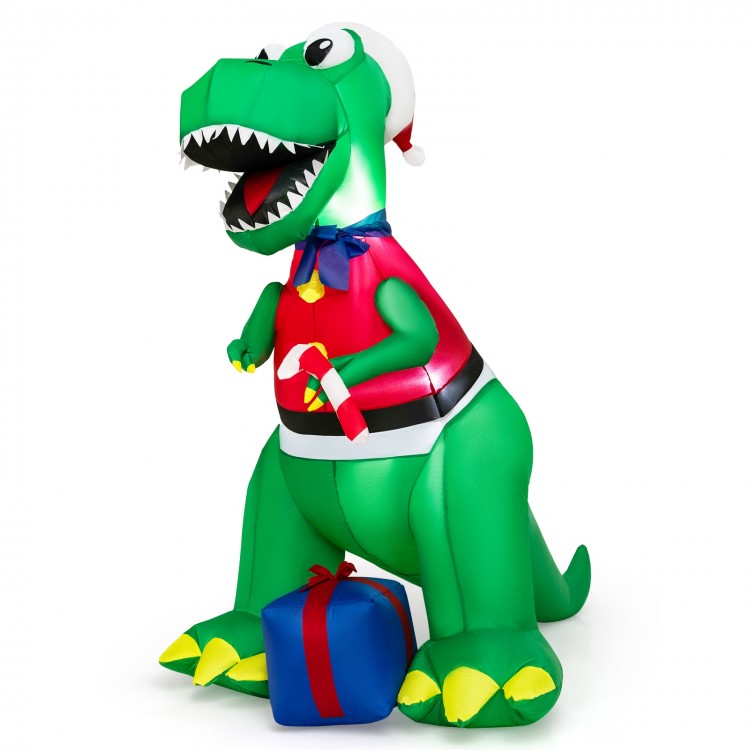 6FT inflatable dinosaur Christmas decoration with LED lights, wearing a hat and holding a gift box for festive yard.
