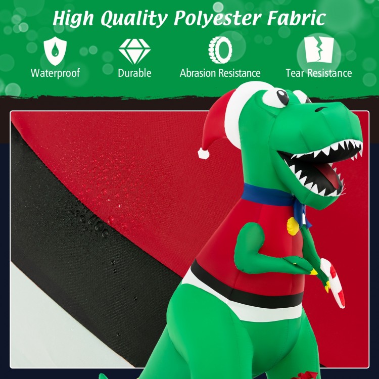 6FT inflatable dinosaur Christmas decoration with LED lights, made of durable waterproof polyester fabric for outdoor.