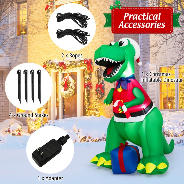 6FT inflatable Christmas dinosaur decoration with LED lights, featuring a gift box and accessories for outdoor.