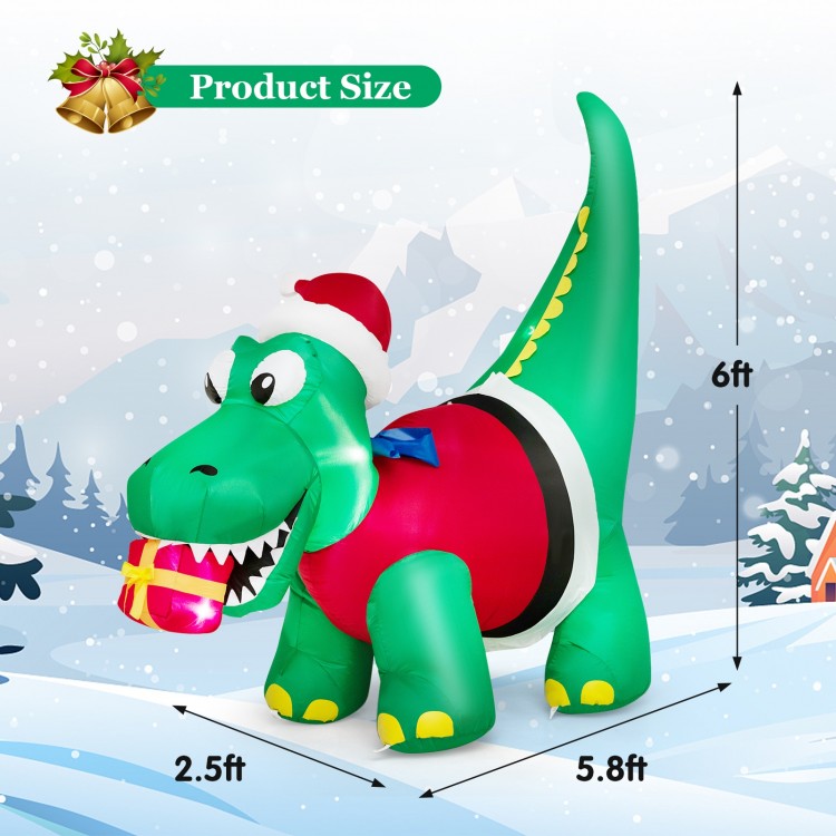 Inflatable dinosaur Christmas decoration with LED lights, 6ft tall, perfect for yard and festive celebrations.