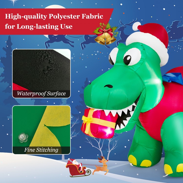Inflatable Christmas dinosaur decoration with LED lights, made of durable polyester fabric for outdoor holiday fun.