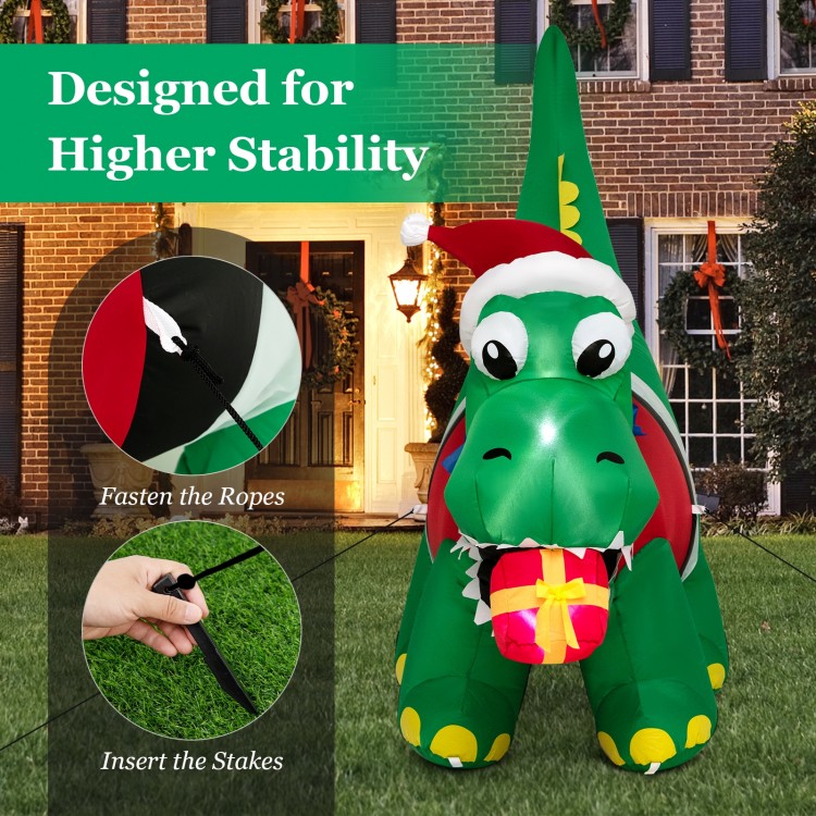 Inflatable dinosaur Christmas decoration with LED lights, featuring a Santa hat and gift box, designed for outdoor.