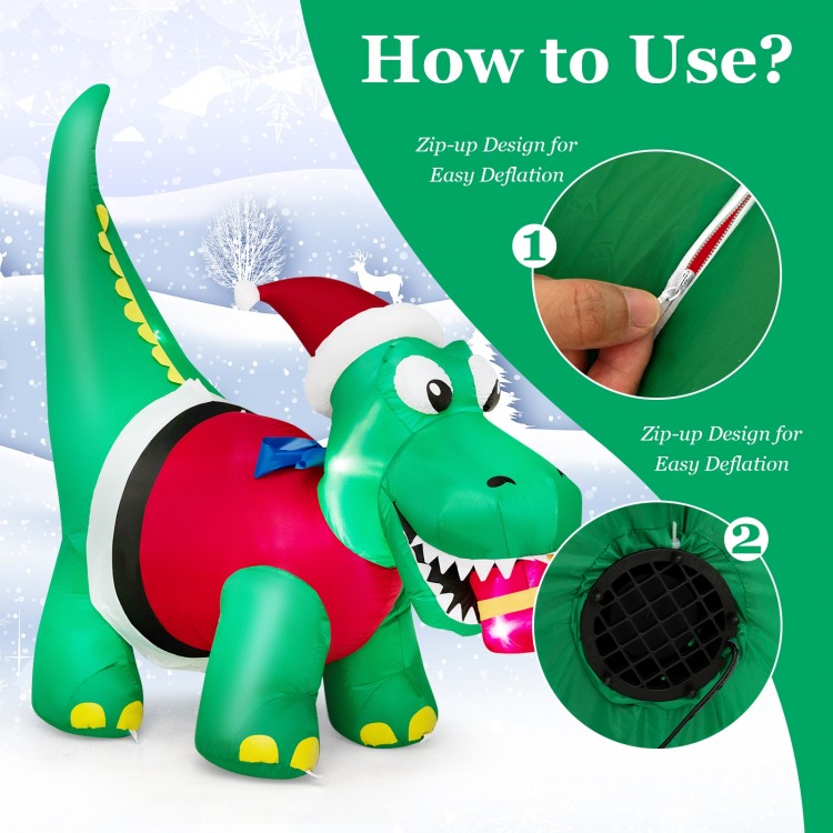 Inflatable dinosaur Christmas decoration with LED lights, featuring a Santa hat and gift box, ideal for yard.