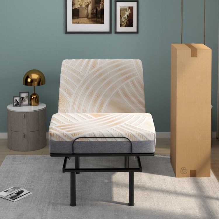 Twin size memory foam mattress with jacquard cover, showcased with adjustable bed base, vacuum packed for easy handling.